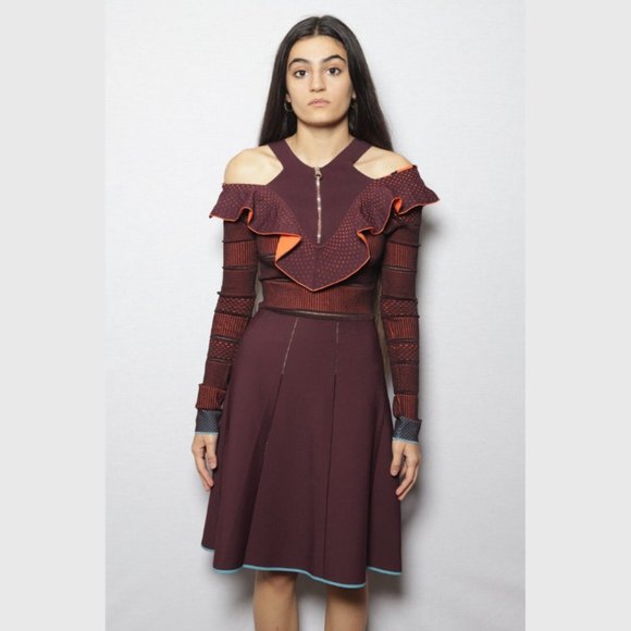 Versace Pre Fall 2017 Ruffle Knit Skater Dress Burgundy Orange Blue Sz 38 A77255 - Picture 4 of 8